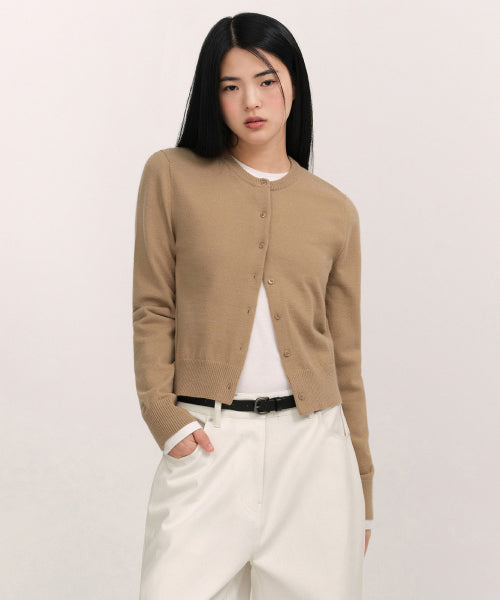 WOMEN'S ESSENTIAL ROUND NECK CARDIGAN - 9 COLORS BEIGE