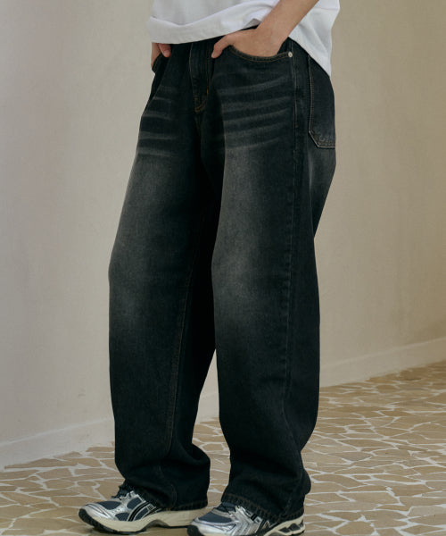 WIDE DENIM PANTS WASHED BLACK