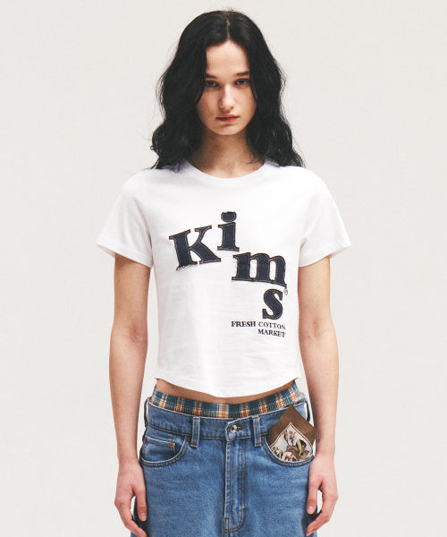 MESSY DENIM APPLIQUE TEE WHITE