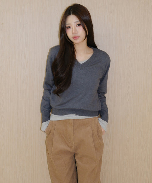 WOMEN'S ESSENTIAL V-NECK KNIT - 9 COLORS GREY
