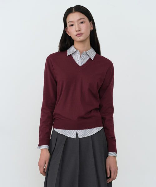 WOMEN'S ESSENTIAL V-NECK KNIT - 9 COLORS BURGUNDY