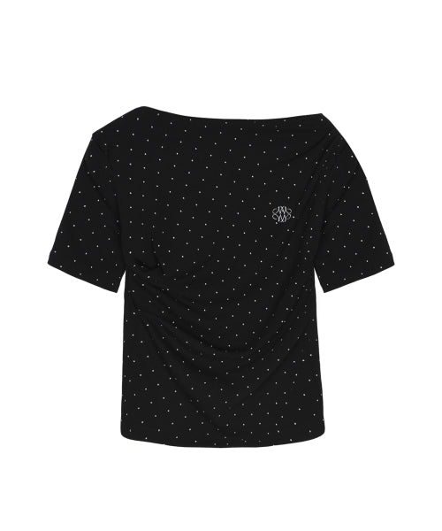 DOT HALF SHIRRING DRAPE BOAT NECK TOP #徐睿知同款! - 4 COLORS BLACK