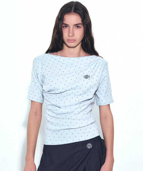 DOT HALF SHIRRING DRAPE BOAT NECK TOP #徐睿知同款! - 4 COLORS AS SHOWN