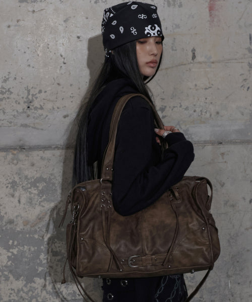 FANCY CLUB BELTED WASHED LEATHER BAG - 5 COLORS BROWN