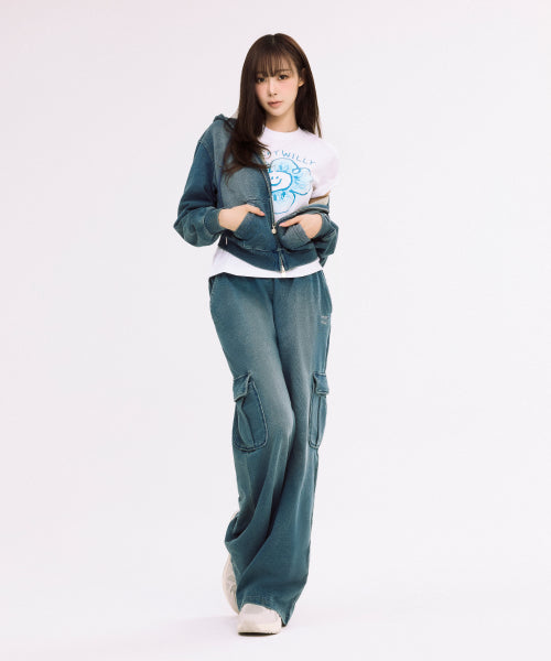 JERSEY DENIM WASHED CARGO PANTS #GISELLE同款! - 3 COLORS BLUE