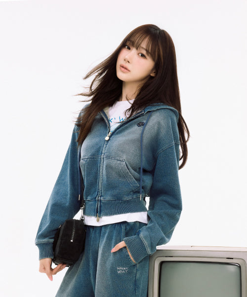 DENIM WASHED CROP HOOD ZIP-UP #GISELLE同款! - 3 COLORS BLUE