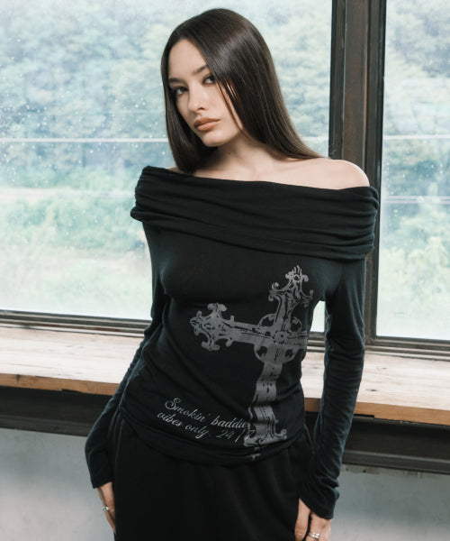 CROSS OFF SHOULDER L/S BLACK - 2 COLORS