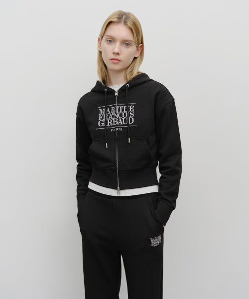 W EMBROIDERY CLASSIC LOGO CROP HOODIE ZIPUP - 2 COLORS BLACK