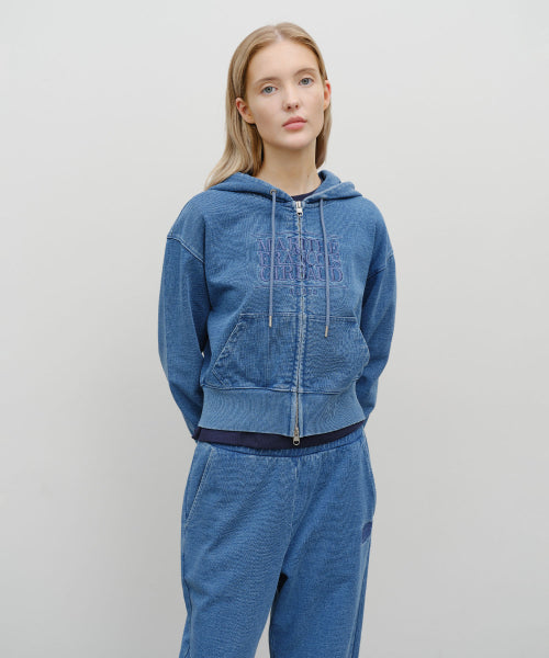 W EMBROIDERY CLASSIC LOGO CROP HOODIE ZIPUP - 2 COLORS BLUE