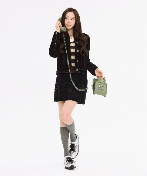 VELVET DENIM CARGO MINI SKIRT #GISELLE同款! BLACK