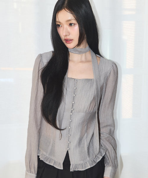 RIBBON SQUARE NECK BLOUSE LONG GREY - 2 COLORS GREY
