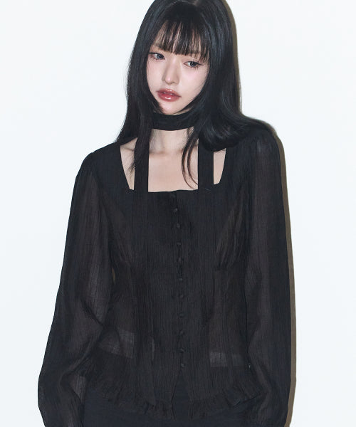 RIBBON SQUARE NECK BLOUSE LONG GREY - 2 COLORS BLACK