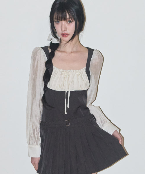 PREPPY RIBBON PLEATS DRESS - 2 COLORS CHARCOAL