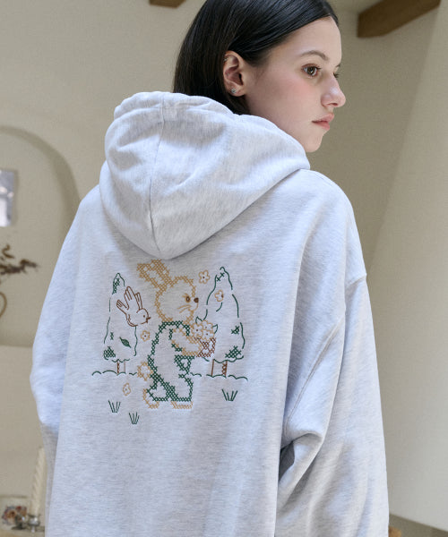 BUNNY EMBROIDERY HOODIE - 2 COLORS MELANGE WHITE