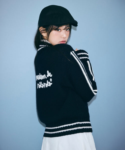 MAISON DE ROLA EMBROIDERY WOOL BLENDED KNIT ZIP-UP BLACK