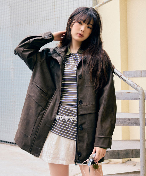 HIGH NECK LEATHER JACKET - 2 COLORS BROWN