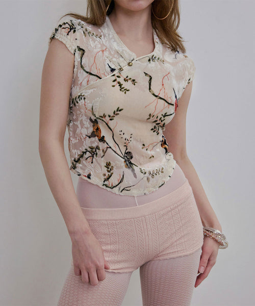 VELVET QIPAO BLOUSE BEIGE