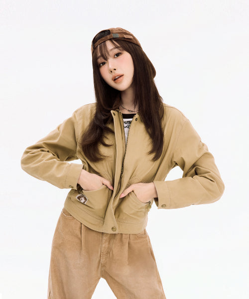CONTRAST COLLAR WASHED COTTON JACKET #GISELLE同款! - 2 COLORS BEIGE