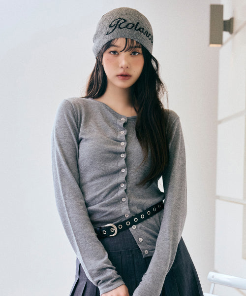 SHIRRING BUTTON UNBALANCE CARDIGAN - 4 COLORS GREY