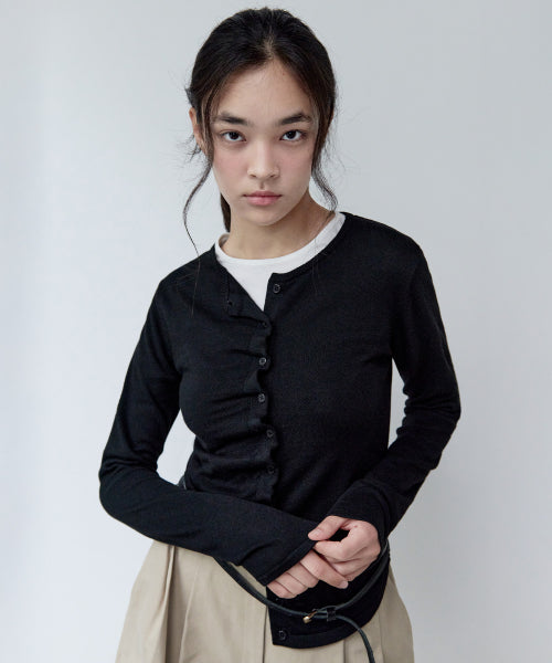 SHIRRING BUTTON UNBALANCE CARDIGAN - 4 COLORS BLACK