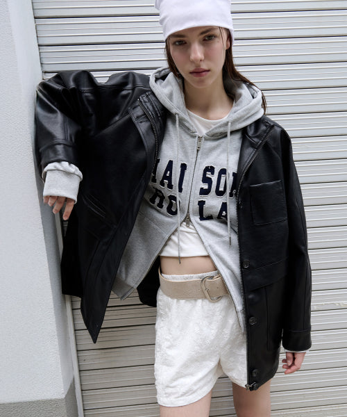 HIGH NECK LEATHER JACKET - 2 COLORS BLACK