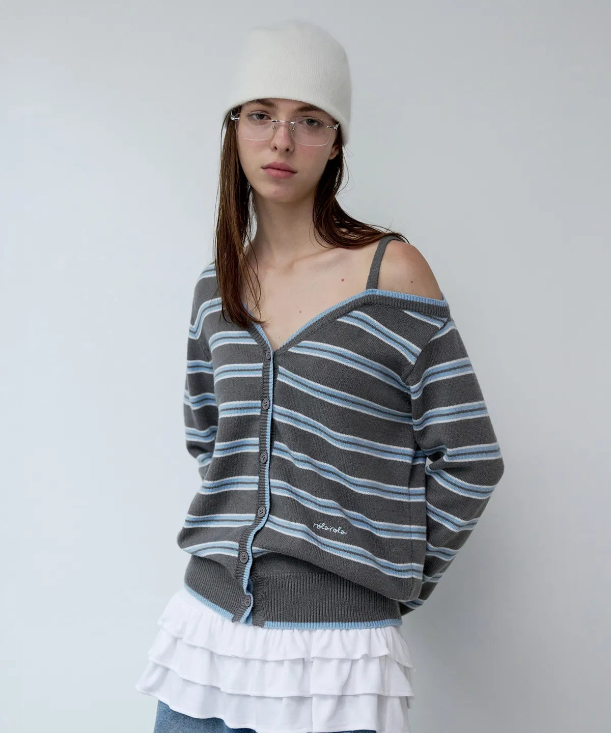 [ROLA ROLA] ONE OFF SHOULDER STRIPE WOOL BLENDED CARDIGAN - 3 color #WONYOUNG同款