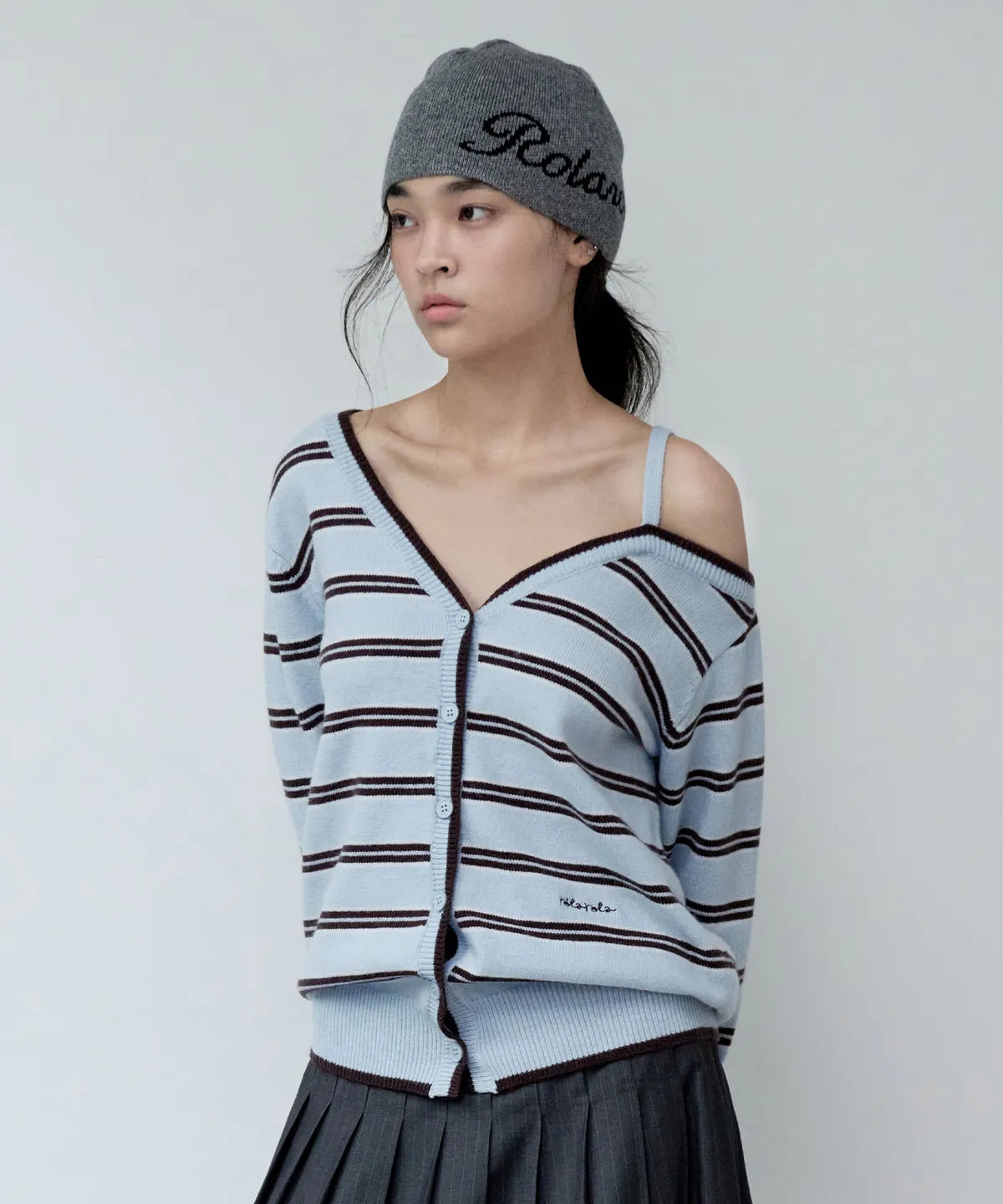 [ROLA ROLA] ONE OFF SHOULDER STRIPE WOOL BLENDED CARDIGAN - 3 color #WONYOUNG同款