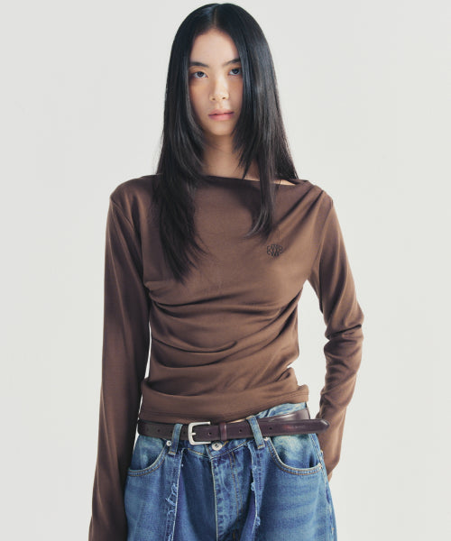 SHIRRING DRAPE BOAT NECK TOP #徐睿知同款! - 5 COLORS BROWN