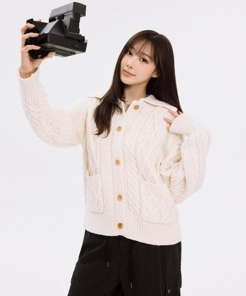 CABLE COLLAR CARDIGAN #GISELLE同款! - 2 COLORS CREAM