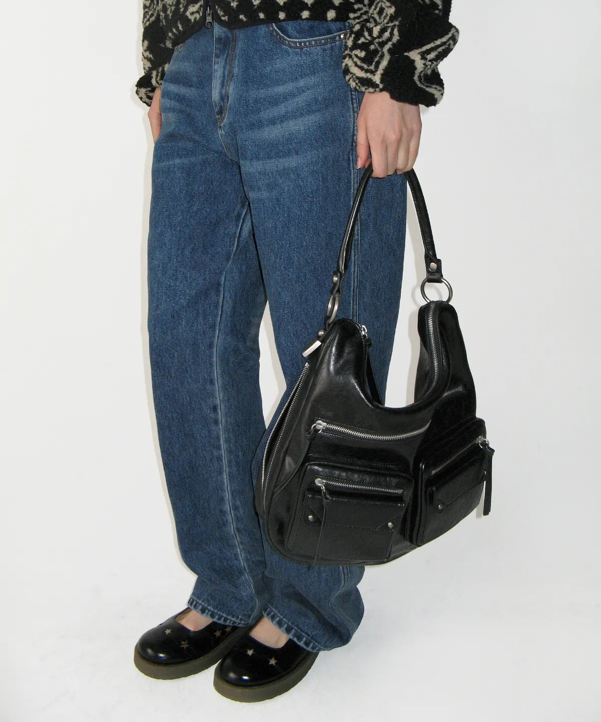 Double Pocket Shoulder Bag, BLACK