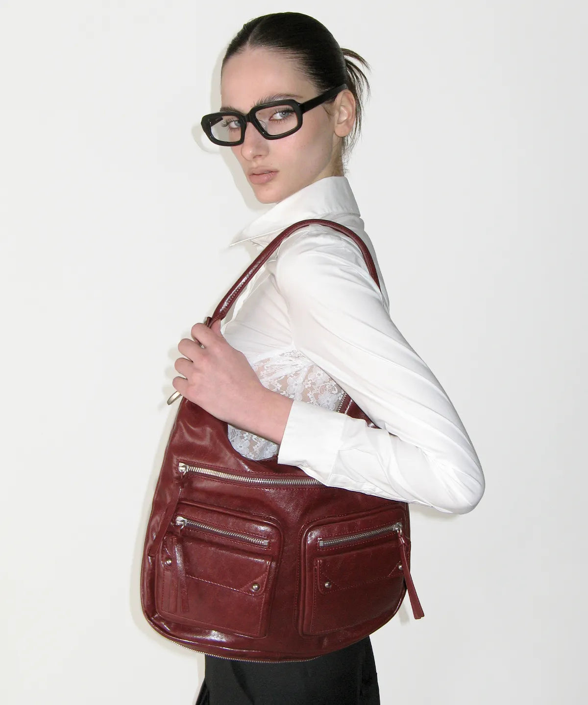 Double Pocket Shoulder Bag, BURGUNDY