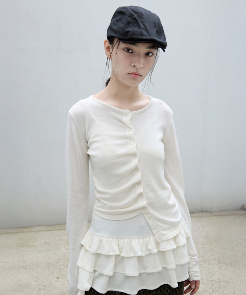 SHIRRING BUTTON UNBALANCE CARDIGAN - 4 COLORS IVORY