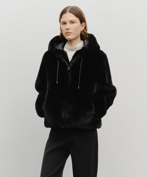 W HOODED FAUX FUR JACKET - 2 COLORS BLACK