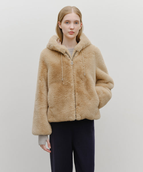 W HOODED FAUX FUR JACKET - 2 COLORS BEIGE