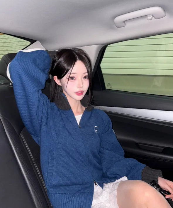 SPORTY TRACK SEMI-CROP KNIT ZIP-UP - BLUE