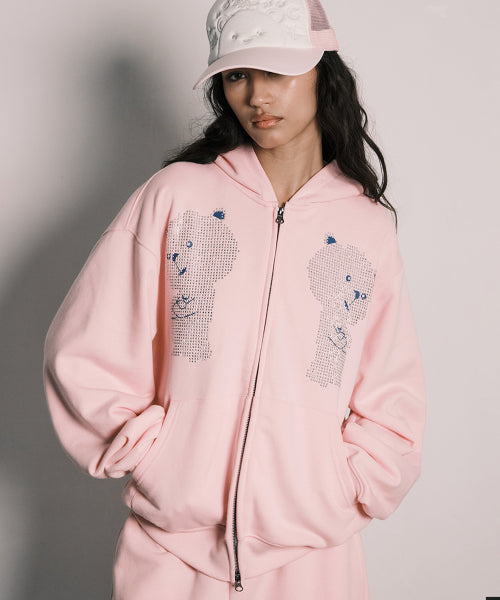 RHINESTONE DALGOMM HOOD ZIP-UP PINK - 2 COLORS