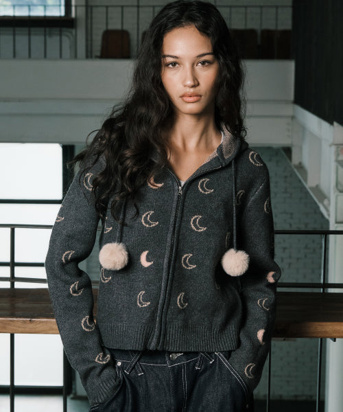 MOON KNITTED ZIP-UP HOODIE CHARCOAL - 2 COLORS
