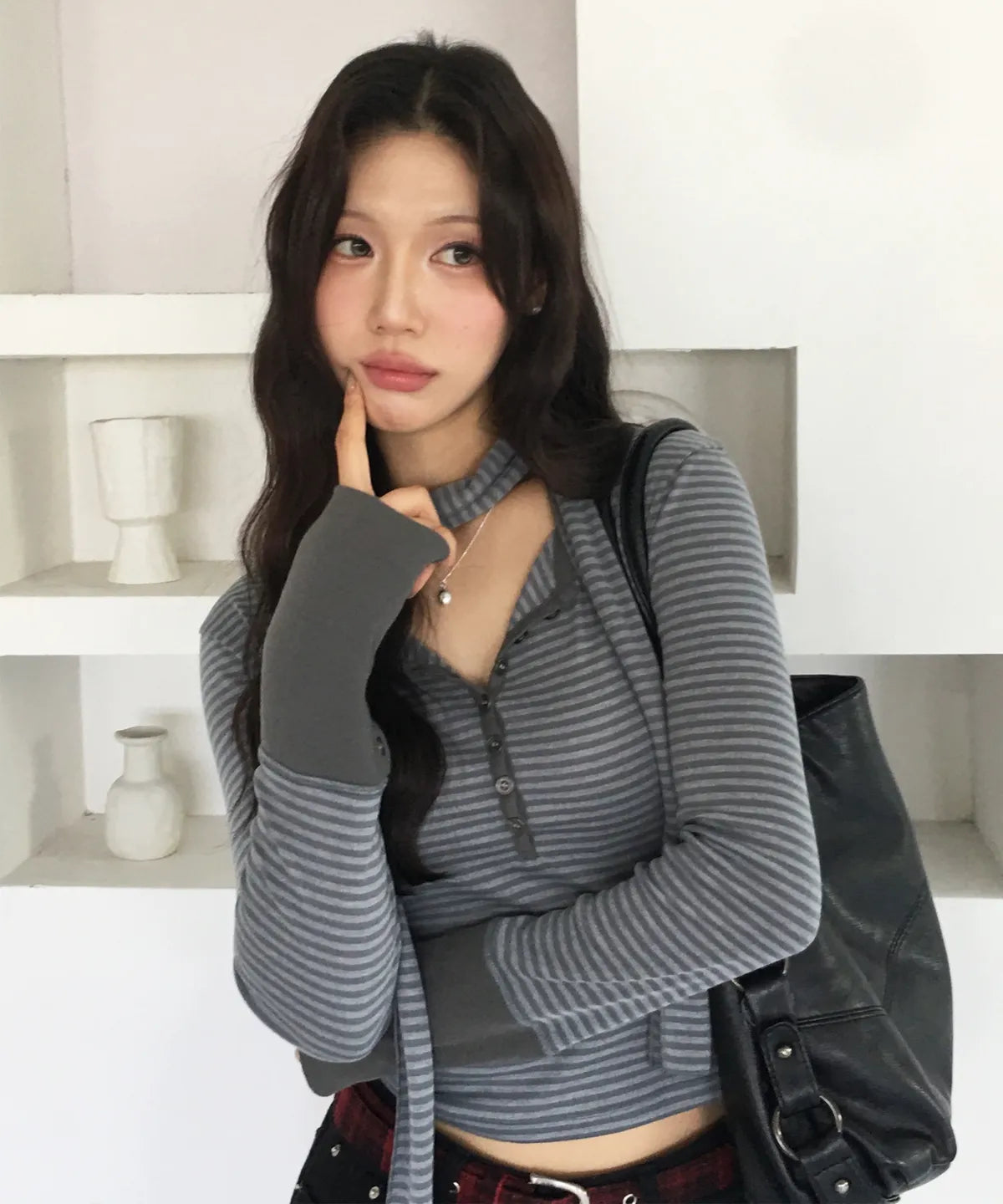 Button Stripe L/S Tee with Muffler [Khaki]