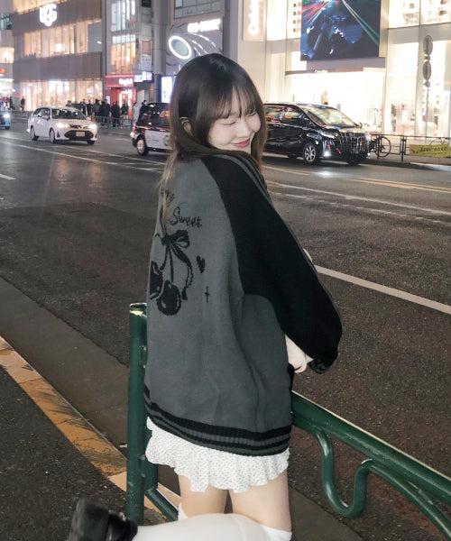 2-WAY CHERRY KNIT ZIP-UP - 2 COLORS BLACK