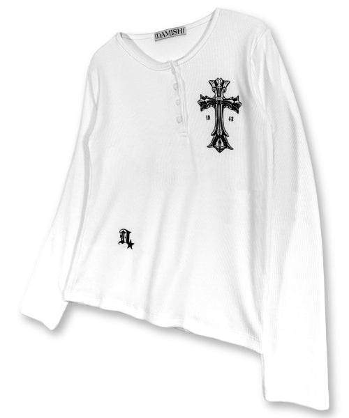 GOTHIC CROSS HENLEY NECK LONG SLEEVE - 3 COLORS IVORY