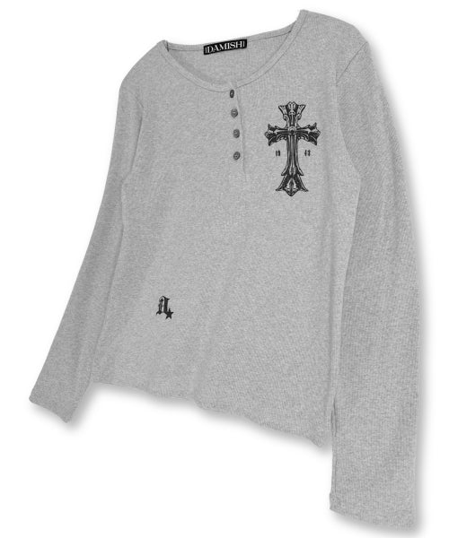 GOTHIC CROSS HENLEY NECK LONG SLEEVE - 3 COLORS GREY
