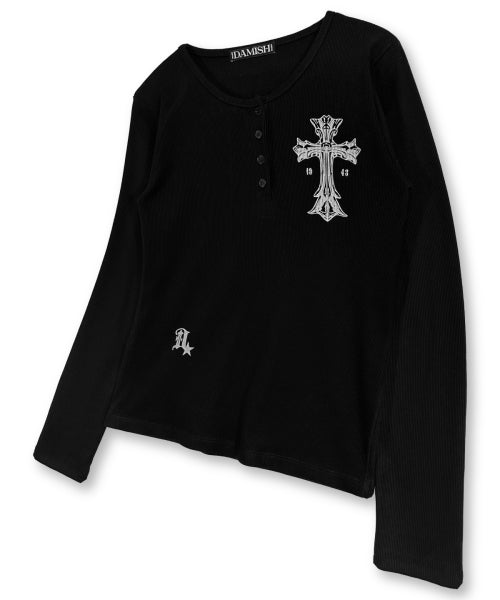 GOTHIC CROSS HENLEY NECK LONG SLEEVE - 3 COLORS BLACK