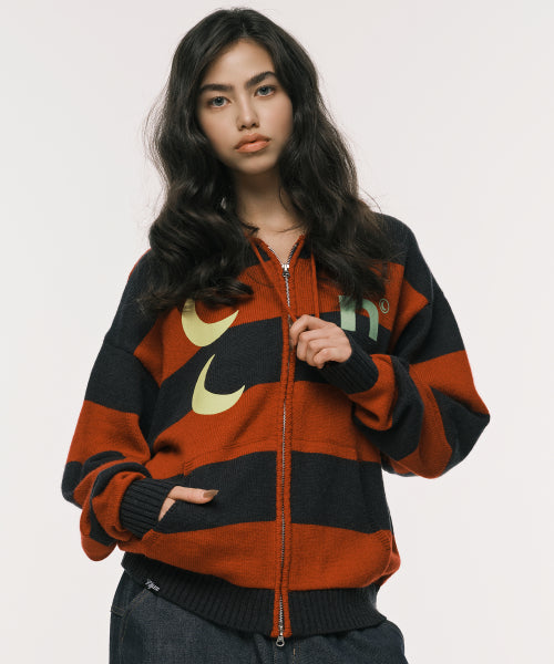 STRIPE KNIT ZIP-UP HOODIE RED - 2 COLORS