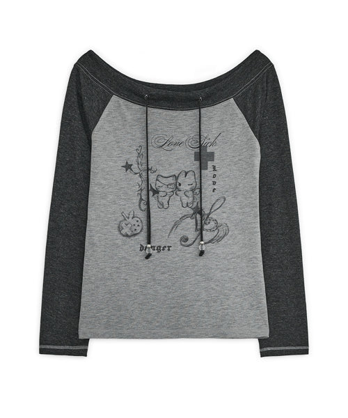 LOVE SICK DRAWING OFF-SHOULDER TOP - 3 COLORS CHARCOAL