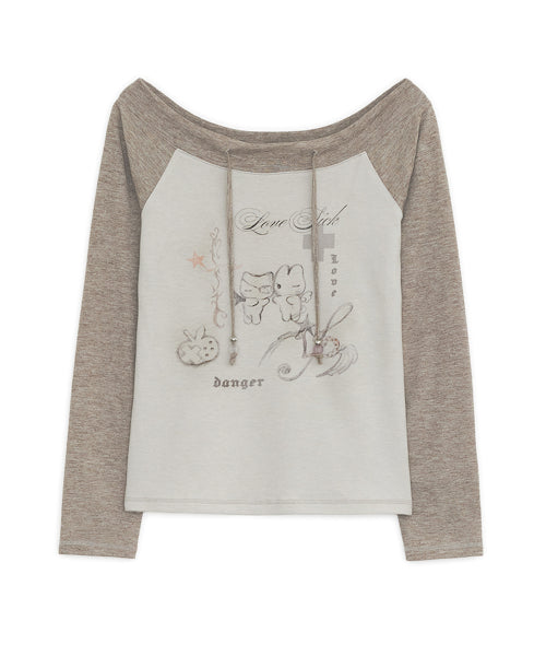 LOVE SICK DRAWING OFF-SHOULDER TOP - 3 COLORS BROWN