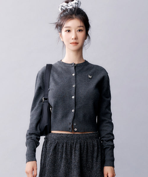 BUTTERFLY JAQUARD KNIT CARDIGAN #徐睿知同款! - 3 COLORS CHARCOAL