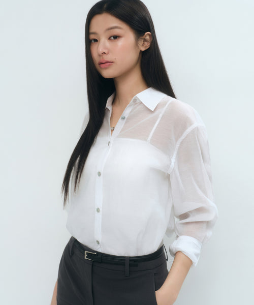 WOMENS RELAXED SHEER SHIRT #韓韶禧同款! - 4 COLORS WHITE