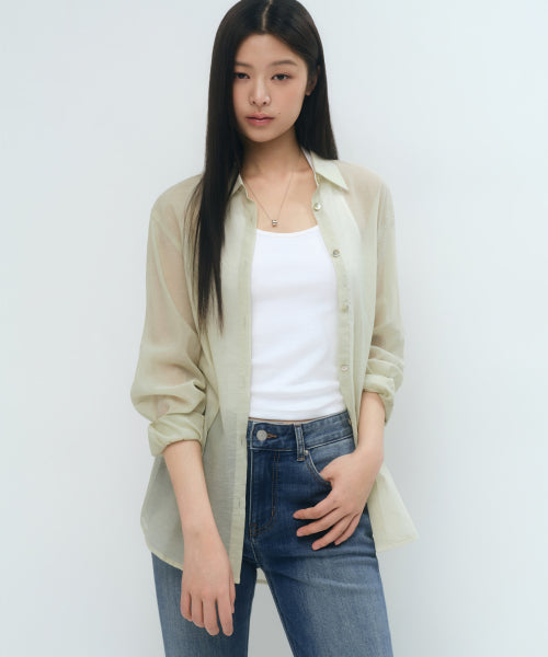 WOMENS RELAXED SHEER SHIRT #韓韶禧同款! - 4 COLORS GREEN