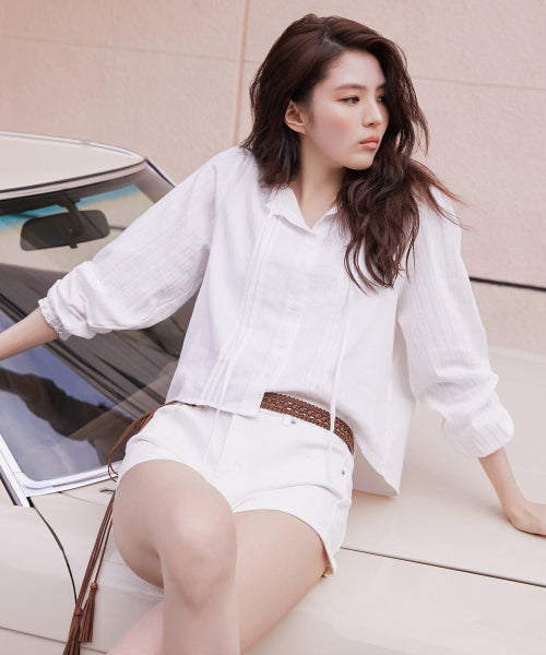 WOMENS VERTICAL TEXTURED COTTON PINTUCK BLOUSE #韓韶禧同款! - 3 COLORS WHITE