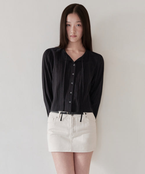 WOMENS VERTICAL TEXTURED COTTON PINTUCK BLOUSE #韓韶禧同款! - 3 COLORS BLACK